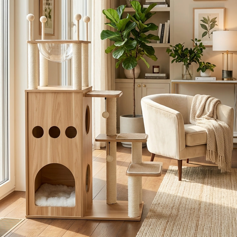 Arbre à chat design scandinave en bois avec niche, hamac, plateformes et griffoirs — LoftCat™