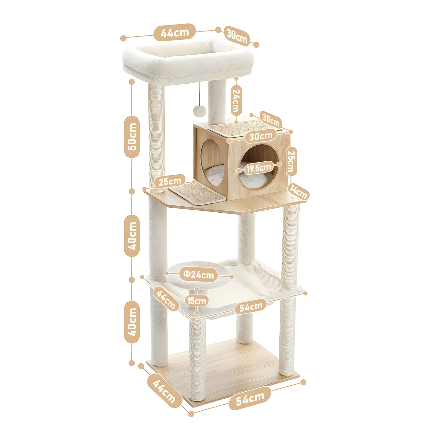 Arbre à chat beige design multi-niveaux avec hamac et niche en bois – CozyTower™
