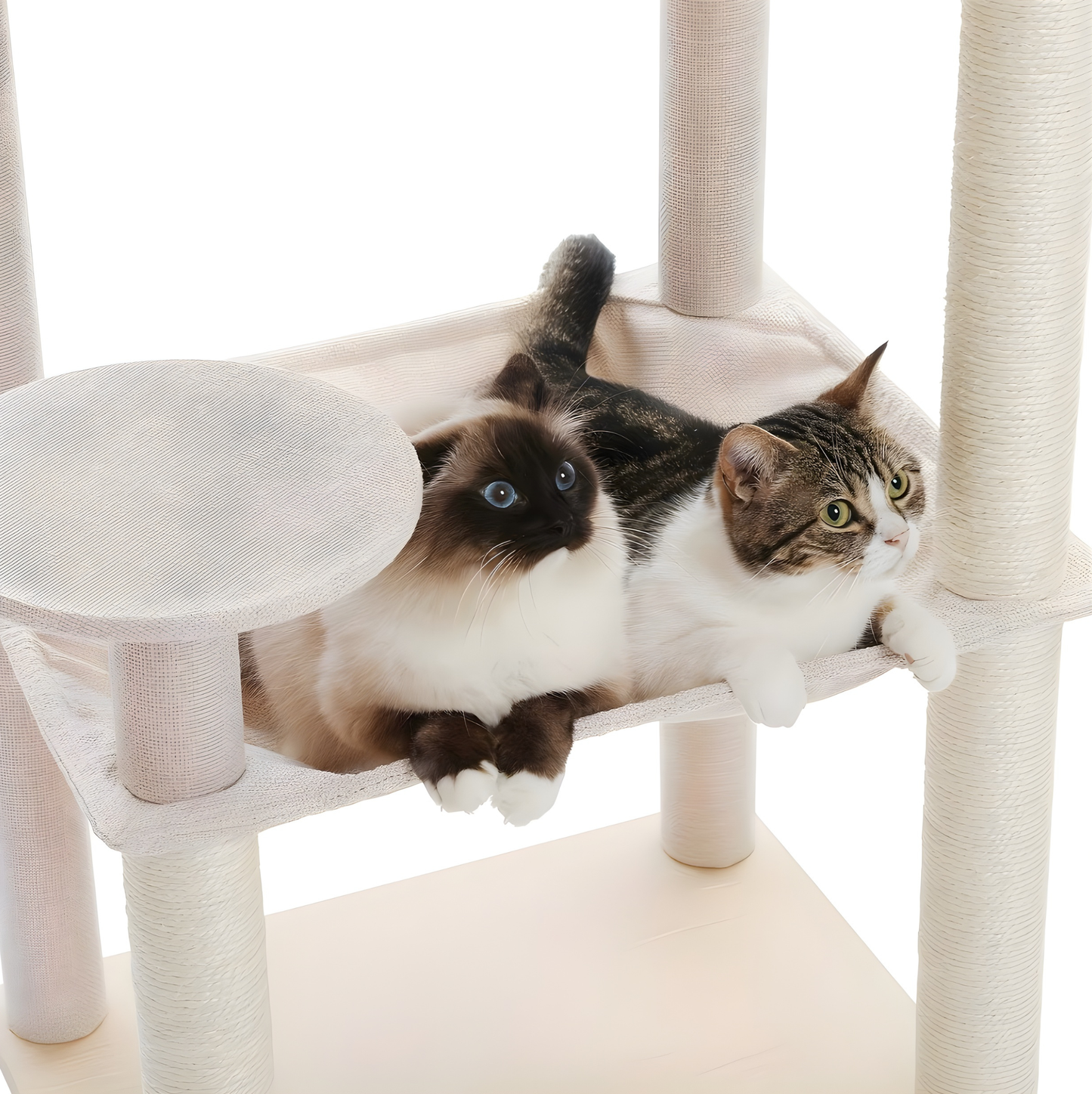Arbre à chat beige design multi-niveaux avec hamac et niche en bois – CozyTower™