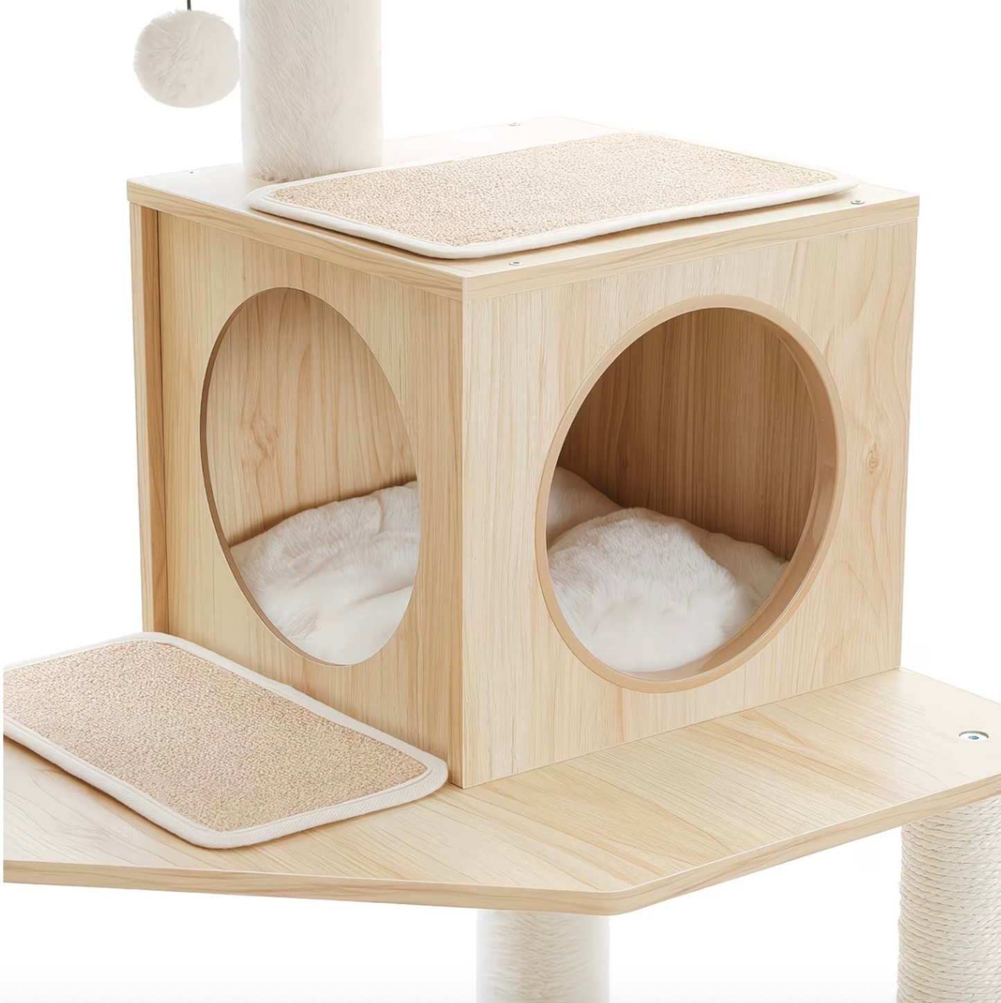 Arbre à chat beige design multi-niveaux avec hamac et niche en bois – CozyTower™