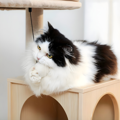 Arbre à chat beige design multi-niveaux avec hamac et niche en bois – CozyTower™