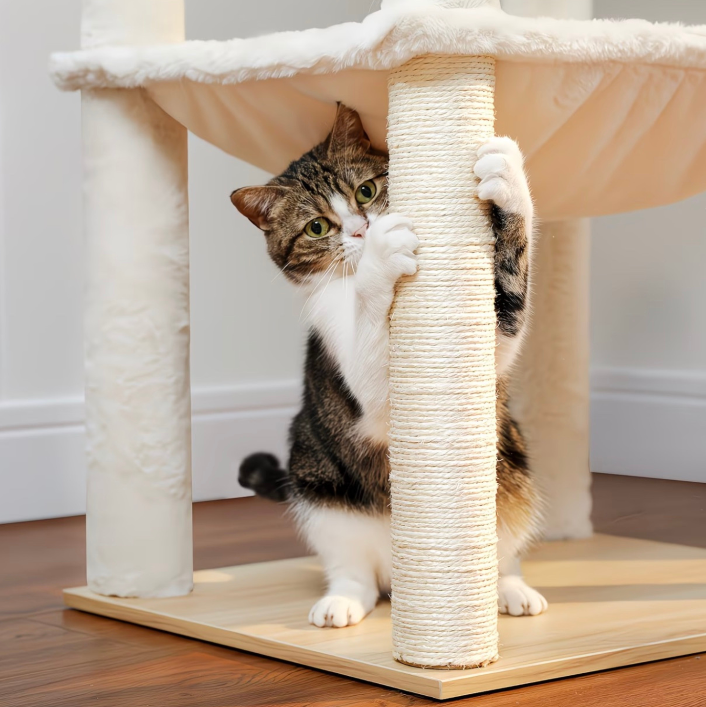 Arbre à chat beige design multi-niveaux avec hamac et niche en bois – CozyTower™