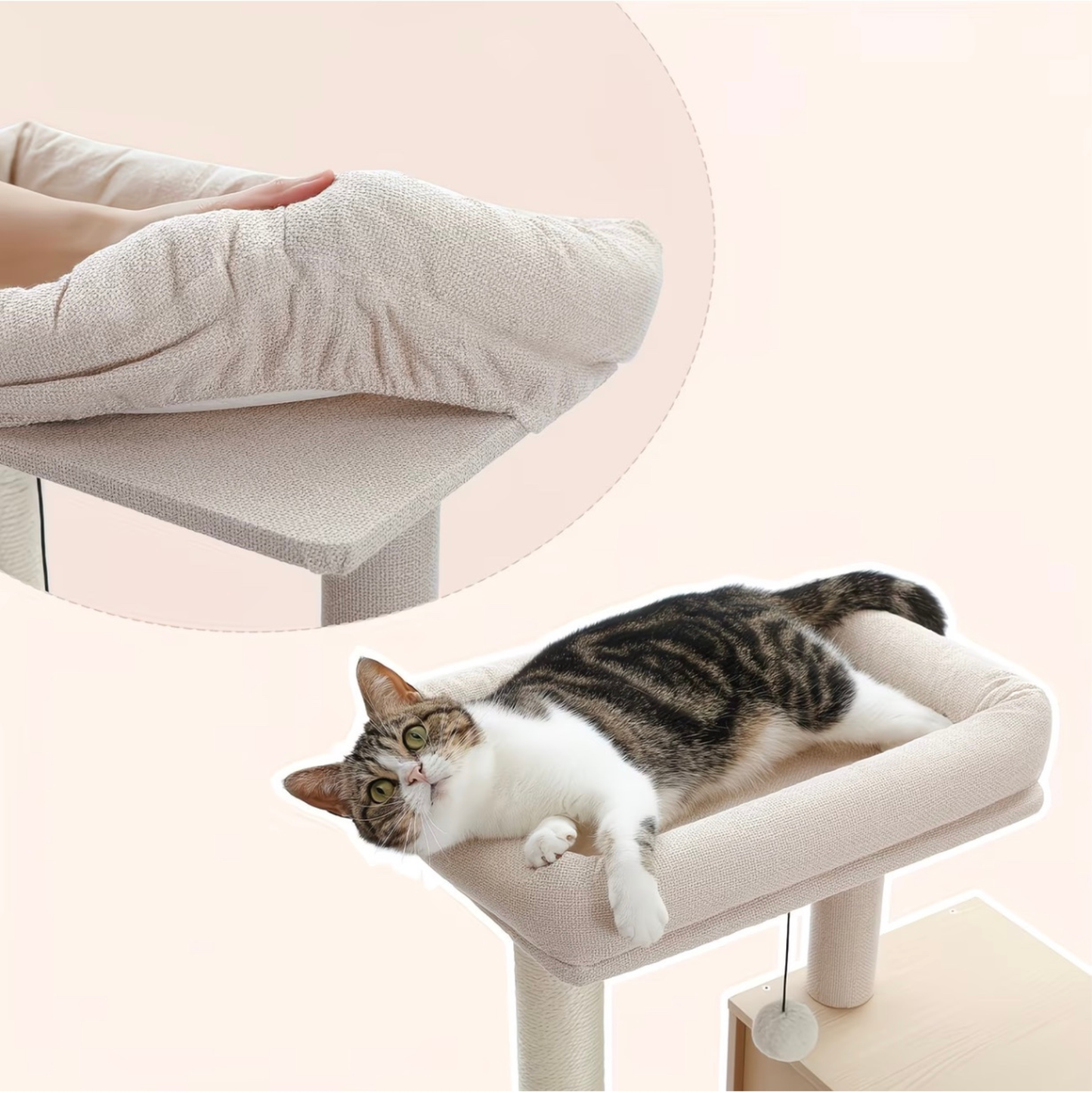 Arbre à chat beige design multi-niveaux avec hamac et niche en bois – CozyTower™
