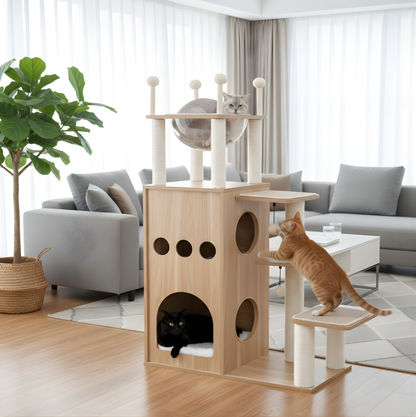 Arbre à chat design scandinave en bois avec niche, hamac, plateformes et griffoirs — LoftCat™