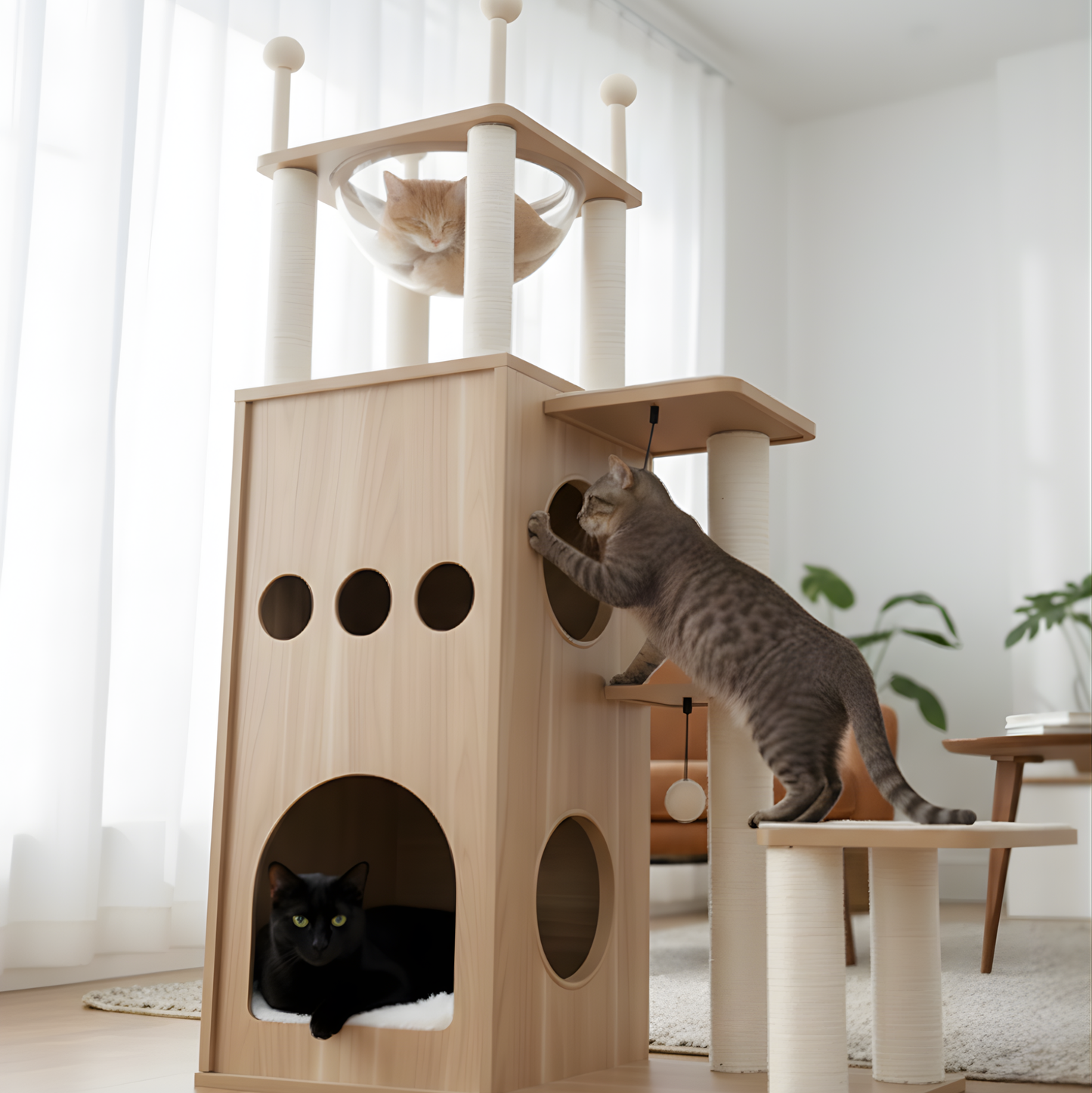 Arbre à chat design scandinave en bois avec niche, hamac, plateformes et griffoirs — LoftCat™