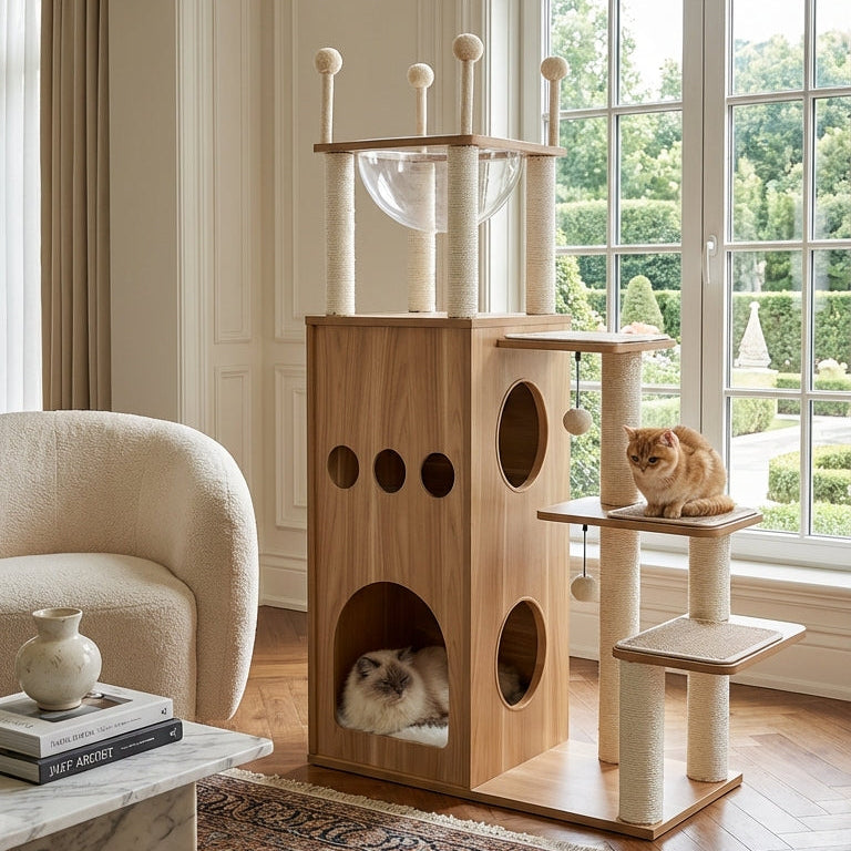 Arbre à chat design scandinave en bois avec niche, hamac, plateformes et griffoirs — LoftCat™