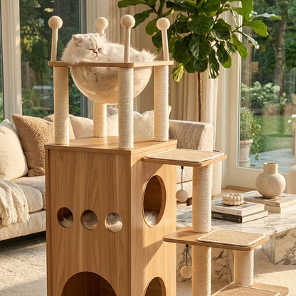Arbre à chat design scandinave en bois avec niche, hamac, plateformes et griffoirs — LoftCat™