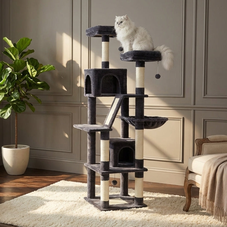 Arbre à chat scandinave multi-niveaux en bois naturel — NørdicHaven™