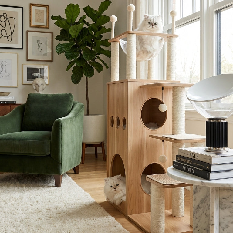 Arbre à chat design scandinave en bois avec niche, hamac, plateformes et griffoirs — LoftCat™