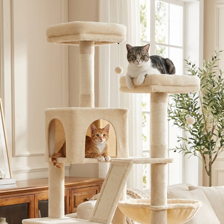 Arbre à chat scandinave multi-niveaux en bois naturel — NørdicHaven™