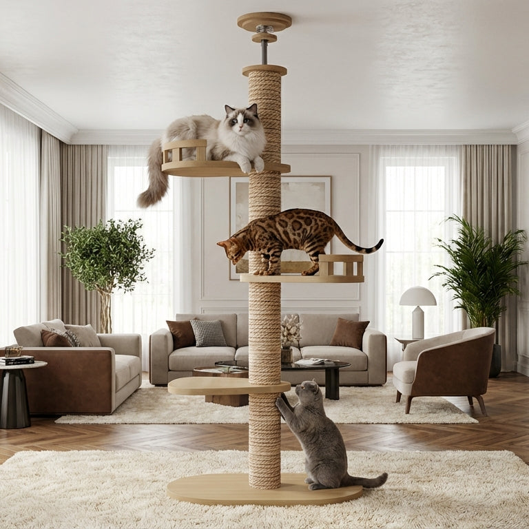 Grand arbre à chats design en bois XXL fixation sol-plafond — SkyClimb™