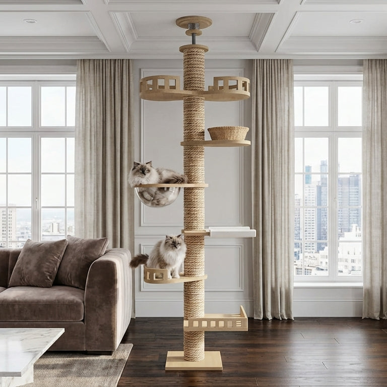 Grand arbre à chats design en bois XXL fixation sol-plafond — SkyClimb™