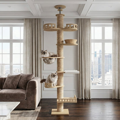 Grand arbre à chats design en bois XXL fixation sol-plafond — SkyClimb™