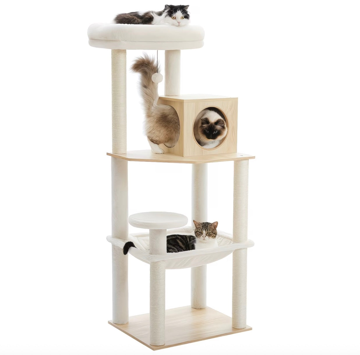 Arbre à chat beige design multi-niveaux avec hamac et niche en bois – CozyTower™