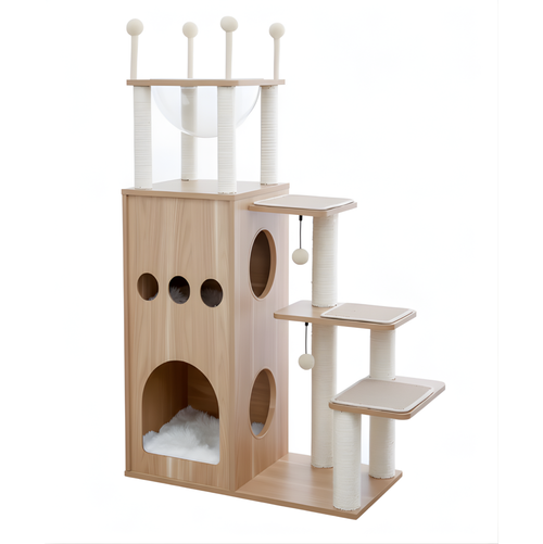 Arbre à chat design scandinave en bois avec niche, hamac, plateformes et griffoirs — LoftCat™